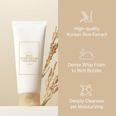 Rice Whip Facial Cleanser, Low-Ph Korean Rice Water Face Wash for Sensitive, Dry Skin, Gentle Face Wash for Hydrating & Moisturizing, Creamy Lather, Makeup Remover (5.07 Fl Oz)