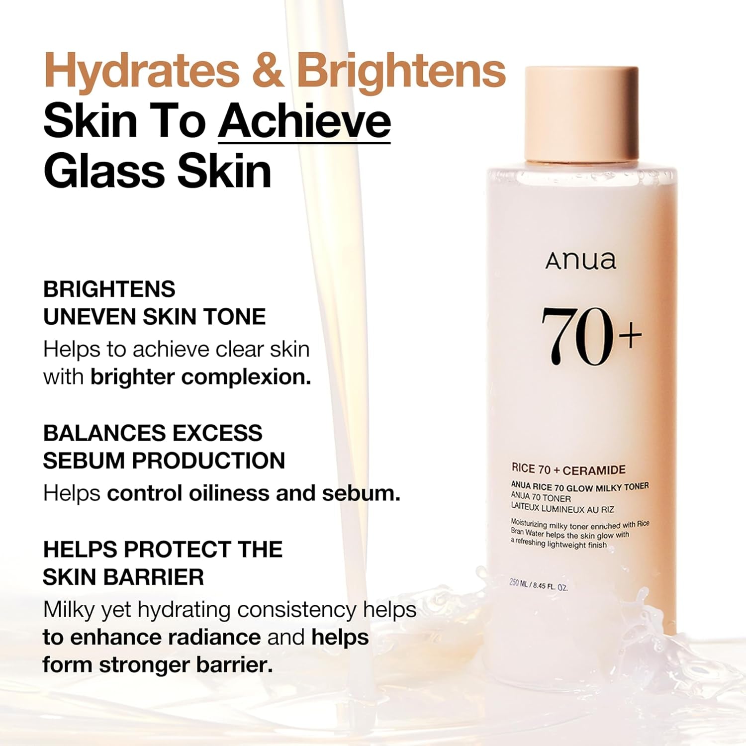 Rice 70 Glow Milky Toner, for Glass Skin, Rice Water, Niacinamide, Ceramides, Panthenol, Non Comedogenic, Fungal Acne Safe, Korean Skin Care, 250Ml/8.45Fl.Oz.