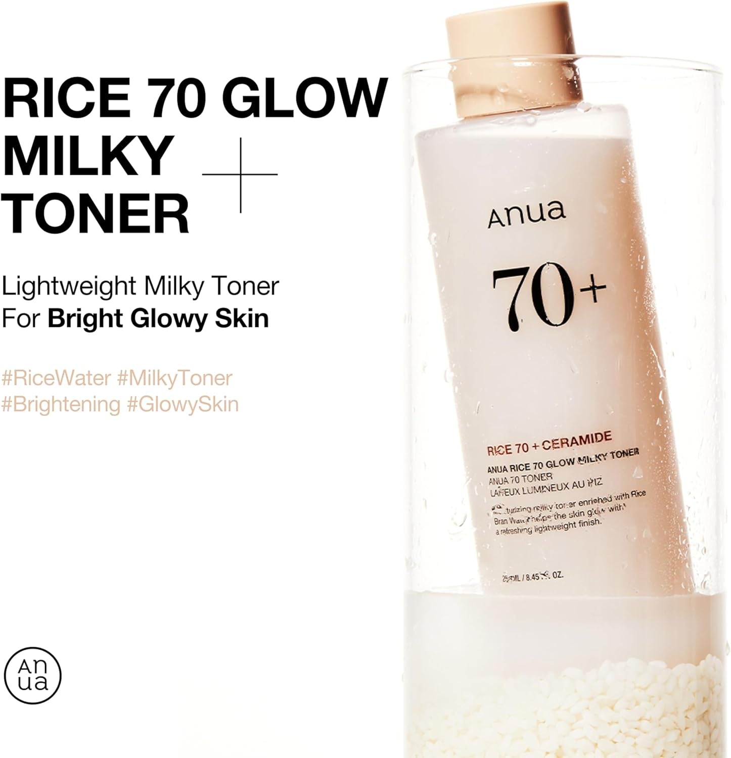 Rice 70 Glow Milky Toner, for Glass Skin, Rice Water, Niacinamide, Ceramides, Panthenol, Non Comedogenic, Fungal Acne Safe, Korean Skin Care, 250Ml/8.45Fl.Oz.