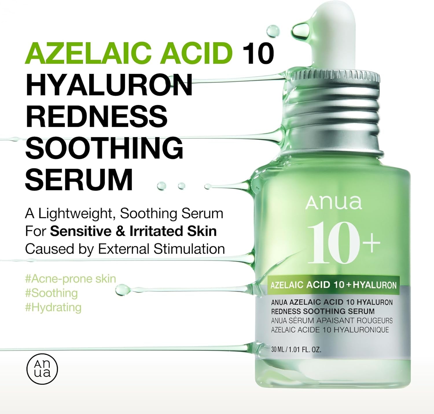 Azelaic Acid 10 Hyaluron Redness Soothing Serum, Facial Serum for Sensitive Skin, Hyaluronic Acid, Niacinamide, Spot Care, Natural Color, Vegan, Korean Skincare (30Ml/ 1.01 Fl Oz.)
