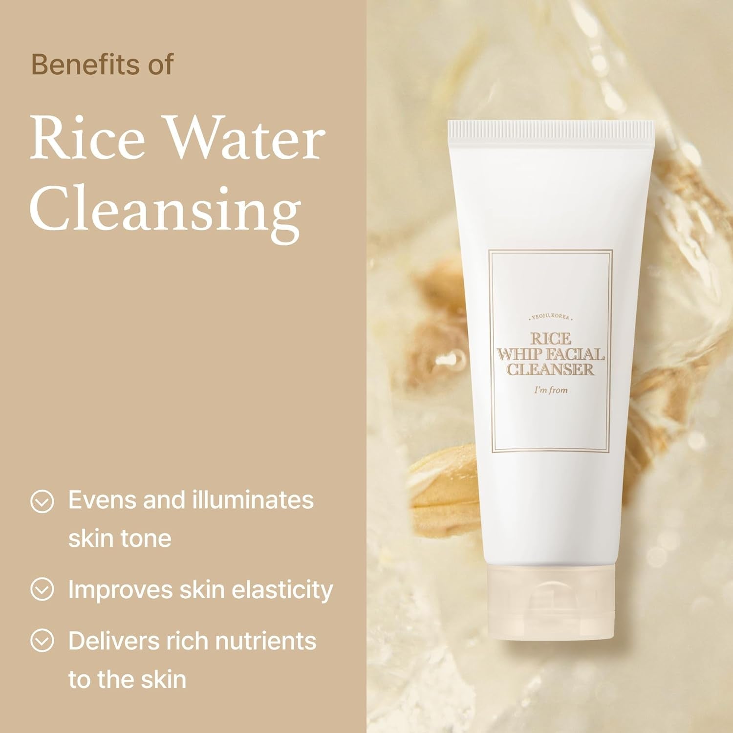 Rice Whip Facial Cleanser, Low-Ph Korean Rice Water Face Wash for Sensitive, Dry Skin, Gentle Face Wash for Hydrating & Moisturizing, Creamy Lather, Makeup Remover (5.07 Fl Oz)