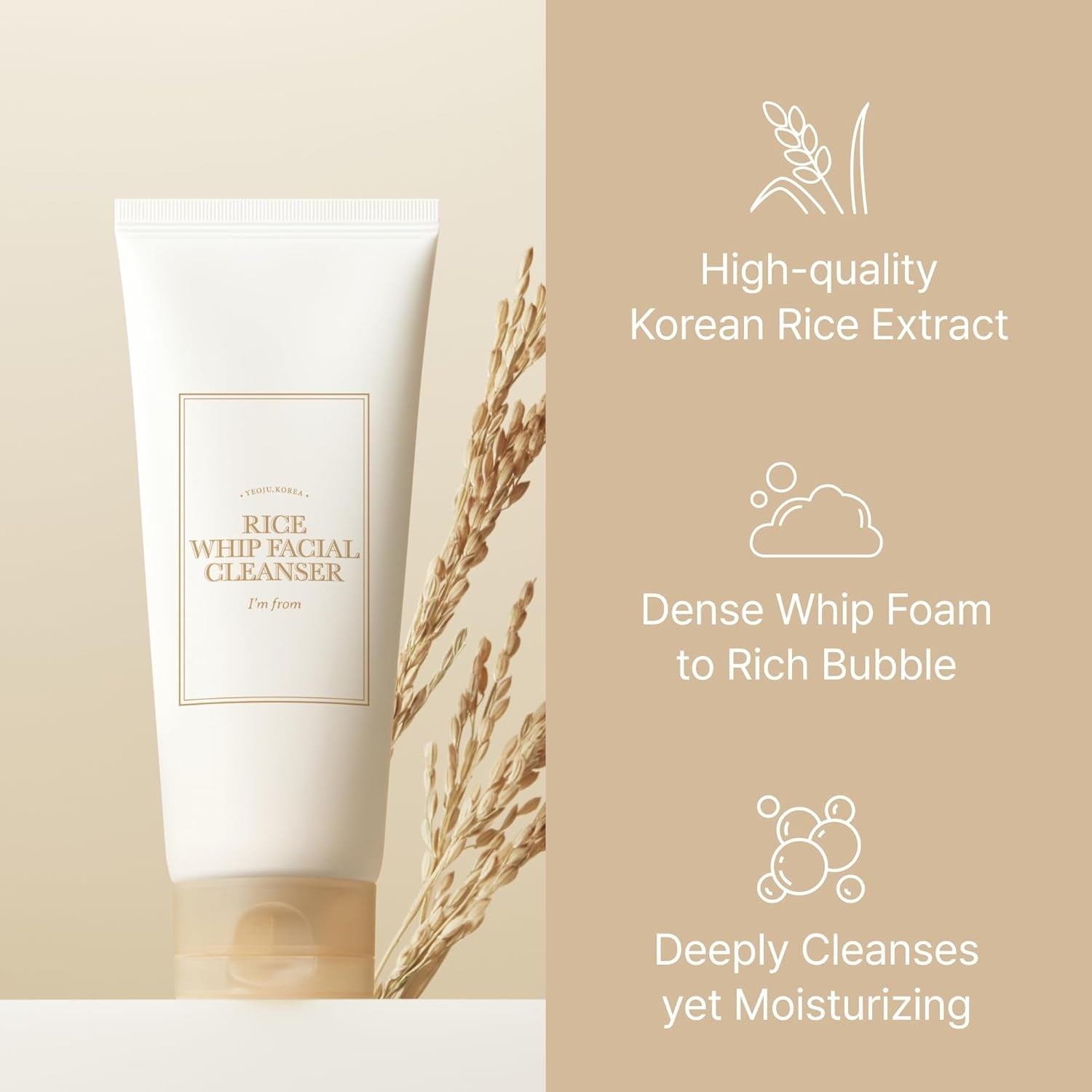 Rice Whip Facial Cleanser, Low-Ph Korean Rice Water Face Wash for Sensitive, Dry Skin, Gentle Face Wash for Hydrating & Moisturizing, Creamy Lather, Makeup Remover (5.07 Fl Oz)